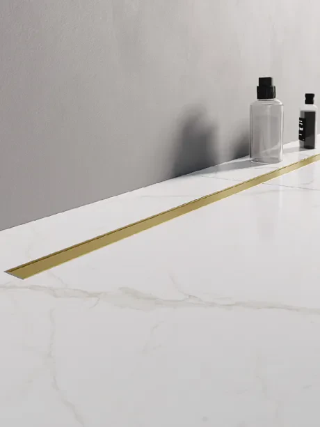 Chiuvetă de duș Visio Slim Gold Brushed cu grilaj de duș liniar, cu grătar periat de culoare aurie